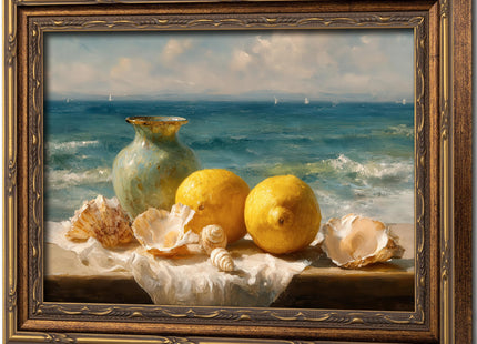 Vintage Gold Framed Lemon Seashell Coastal Canvas Wall Art 12x16 In