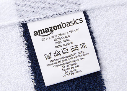 Amazon Basics 100% Cotton Soft & Absorbent Beach Towels, Cabana Stripe, Fast Drying, Machine Washable, Large 30 in x 60 in, Navy Blue, 4-Pack