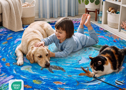 Ocean 5x7 Washable Area Rug for Kids Room, Non Slip Coastal Rug Fish Blue