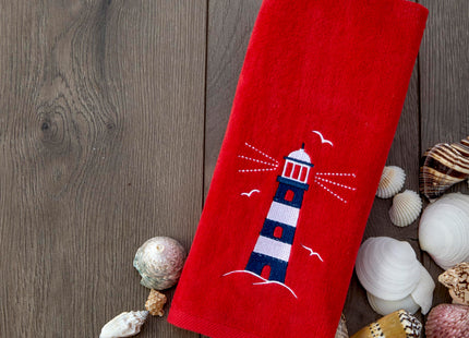 SKL Home Nautical Lighthouse Hand Towel Set-2pc, 100% Cotton, Red