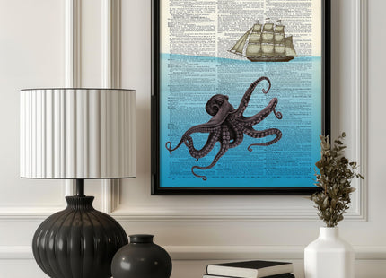 Poster Master Octopus and Ship Print - Kraken Poster - Dictionary Art - Gift for Men, Women - Deep Sea Art - Nautical Decor for Home, Ocean or Beach House - 11x14 UNFRAMED Wall Art