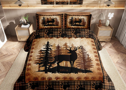 Castle Fairy Deer Bear Plaid Comforter Set Twin Size,Animal Hunting Bear Print Bedding Set for Kids Boys Men,Pine Trees Rustic Retro Grid Quilted Duvet Set with 1 Pillowcase