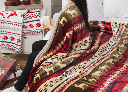 PAVILIA Premium Christmas Sherpa Throw Blanket, Green Red Cabin Design with Reindeer Print, Ultra Soft Reversible Fleece & Sherpa 50x60 Cozy Winter Blanket, Cozy Christmas & Holiday Decor
