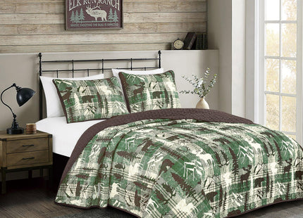 MarCielo 3-Pcs Rustic Cabin Bear Bedspread Quilt Set(Green,Queen)