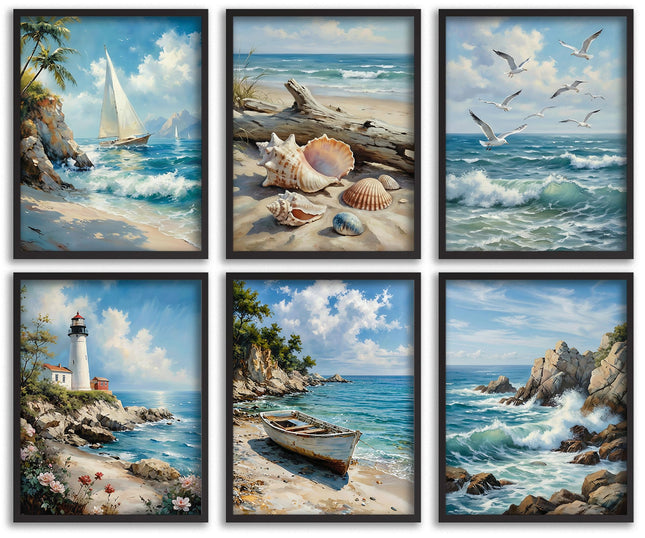 KYSNGMT Coastal Wall Art Set of 6 Beach Pictures Unframed