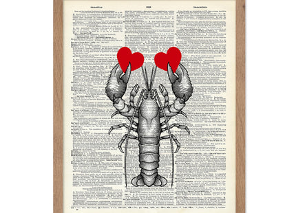 Poster Master Heart on Lobster Claw Print - Dictionary Poster - Aquatic Art - Deep Sea Wall Design - Gift for Chef, Lovers - Nautical Decor for Kitchen, Ocean or Beach House - 11x14 Beige Framed