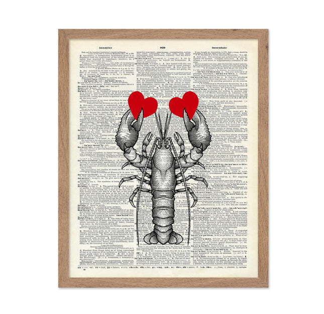 Poster Master Heart on Lobster Claw Print - Dictionary Poster - Aquatic Art - Deep Sea Wall Design - Gift for Chef, Lovers - Nautical Decor for Kitchen, Ocean or Beach House - 11x14 Beige Framed
