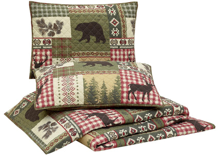 Dorset Lodge 100% Cotton Patchwork Printed Quilt with 2 Shams, Cabin 3-Piece Reversible All Seasons Quilt Set, Rustic Coverlet Bedding Set - Full Queen Size
