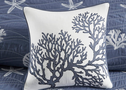 Harbor House Seaside Reversible Cotton Quilt Set Coastal Clam, Starfish, Coral Embroidery, All Season, Pre-Washed Coverlet Bedding Layer, Decorative Pillow, Full/Queen(90"x90") Navy 4 Piece