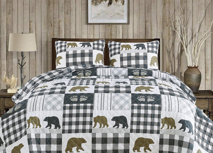 Market & Place 2 Piece Reversible Quilt Set with Sham | Twin Cabin Comforter Set | Rustic Bear Buffalo Check Lodge Bedding | Orson Collection (Twin, Navy/Taupe)