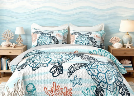 HOSIMA Sea Turtle Queen Quilt,Ocean Beachy Bedspread with 2 Pillowcases.
