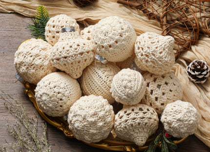 Syhood 24 Pcs Crochet Christmas Ornaments 5 Styles 2.36" 3.15" Handmade Crochet Knitted Christmas Pinecone Ball Ornaments for Xmas Tree Party Decoration Supplies (Warm White)