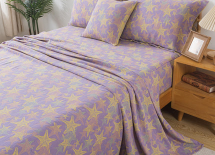 FADFAY Beach Theme Sheets Set King Purple Yellow Starfish Ocean Bedding Coastal Nautical Bedding Super Soft Washed Double -Layer Muslin Sheets 100% Cotton Deep Pocket Fitted Sheet 4Pcs, King Size
