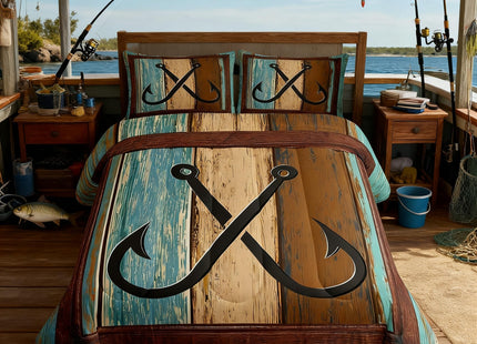 Manfei Lake House Kids Comforter Set Twin Size,Fish Hook Anchor Fishing Nautical Bedding Set,Girls Boys Adults Room Decor,Old Wooden Board Cabin Down Comforter,Rustic Retro Duvet Insert,1 Pillowcase