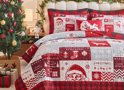 Christmas Patchwork Quilt Set Queen Size 88x88 Red Black Plaid with White Santa Claus Deer Tree SnowflakeChristmas New Year Style Microfiber Winter Warm Bedding Coverlet Bedspread Holiday Design