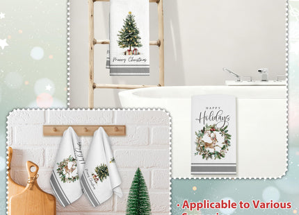 Geuro Christmas Kitchen Towels Set of 2, Xmas Tree Dish Towel 16x24 Inch Rustic Christmas Wreaths Reindeer Bath Hand Towel, Farmhouse Winter Kitchen Tea Towels Decorative for Home