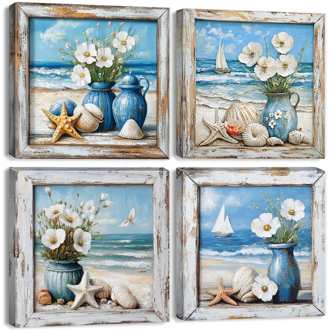 Coastal Wall Art Nautical Bathroom Decor Vintage Beach Theme Pictures Wall Art Vintage Beachy Paintings Canvas Prints Watercolor Flowers Posters Blue Seascape Framed Artwork Home Decorations 12x12”