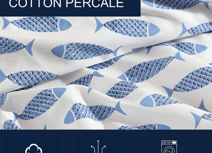 Nautica - Queen Size Sheet Set, Crisp Cotton Percale Bedding with Matching Pillowcases, Fully Elastic Fitted Sheet, Deep Pocket, Nautical Room Decor (Woodblock Fish Blue)