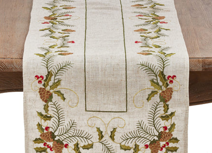 SARO LIFESTYLE 1851.N1668B Joyeuses Fêtes Collection Embroidered Pinecone And Holly Table Runner, 16" x 68", Natural