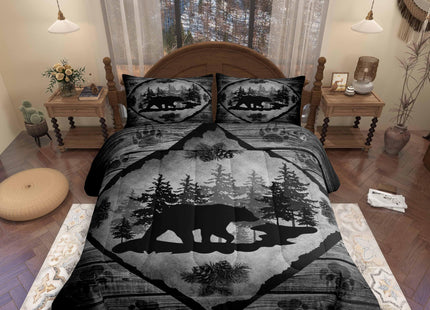 Lodge Cabin Comforter Set,Black Bear Pine Trees Decor Bedding Set for Kids Teens Adults,Wild Animal Paw Print Retro Wooden Stripes Farmhouse Comforter Duvet Set with 1 Pillowcase Twin Size 2 Pcs