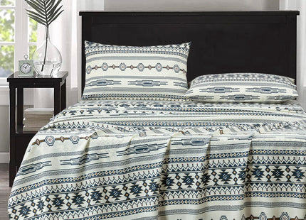 Chezmoi Collection 4-Piece Southwestern Tribal Lodge Bed Sheet Set, Queen Size - Ivory Navy Brown Red Printed Microfiber Soft Breathable Deep Pocket Sheets and Pillowcases Set