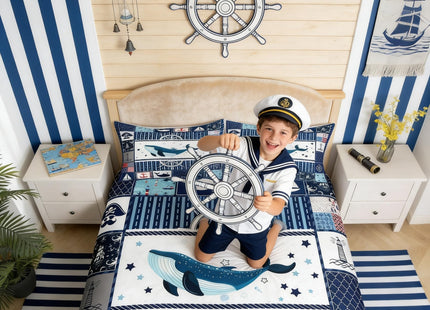 Homewish Sea Whale Duvet Cover Twin Size,Nautical Anchor Ship Rudder Plaid Comforter Cover Set for Kids Boys Girls,Navy Blue Ocean Geometric Bedding Quilt Cover Set Bedroom Decor, 2 Pieces
