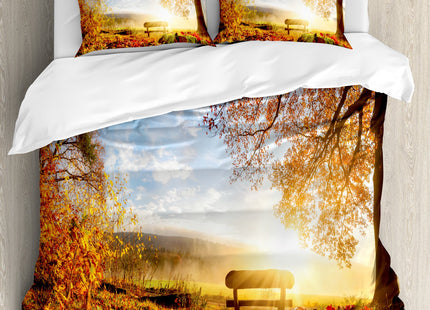 Ambesonne Forest Duvet Cover Set, Autumn Landscape The Sun Warmly on a Bench Under Tree Scene Holiday, Decorative 3 Piece Bedding Set with 2 Pillow Shams, King Size, Orange Blue