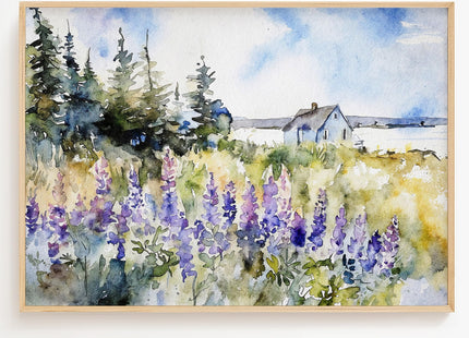 Generic Maine Coast Art Print Lupine Flowers Painting Maine Landscape Coastal Wall Art, 11 x 17 Inches, 16 x 24 Inches. 24 x 36 Inches, white