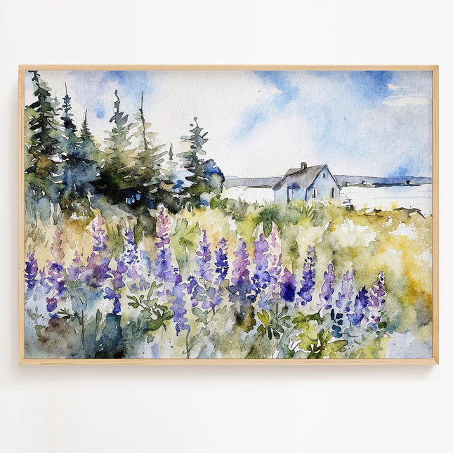 Generic Maine Coast Art Print Lupine Flowers Painting Maine Landscape Coastal Wall Art, 11 x 17 Inches, 16 x 24 Inches. 24 x 36 Inches, white