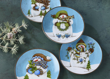 Pfaltzgraff Evergreen Ernie Snowman Porcelain Salad Plates, Set of 4, 8 Inch, Blue