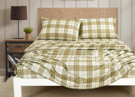 Chezmoi Collection 4-Piece Lodge Plaid Sheet Set Full Size - Tan Beige Blue Plaid Stripe Printed Brushed Microfiber Lightweight Breathable Deep Pocket Bed Sheets