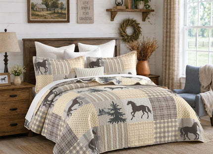 100% Cotton Rustic Lodge Cabin Horse Quilt Set, Beige Brown, Queen 90"x98"