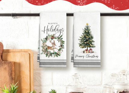 Geuro Christmas Kitchen Towels Set of 2, Xmas Tree Dish Towel 16x24 Inch Rustic Christmas Wreaths Reindeer Bath Hand Towel, Farmhouse Winter Kitchen Tea Towels Decorative for Home