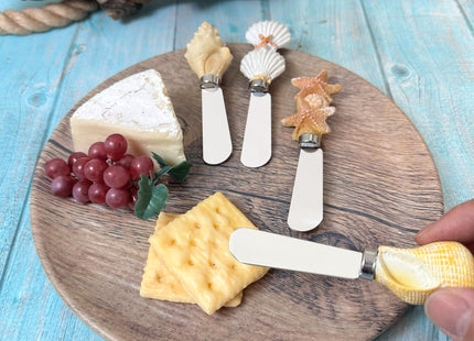 Supreme Housewares Seashell Cheese Spreaders, Hand-Painted Resin Handles with Stainless Steel Blades for Spreading Cream Cheese, Butter, and Jam, Assorted Designs, Set of 4