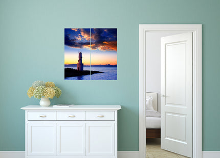 Sunset Lighthouse Canvas Wall Art Decor - 2 Piece Set, Decorative Multi Panel Split Prints - Coastal Ocean Picture for Living Room, Kitchen, Bedroom, Office & Home Decor Gift