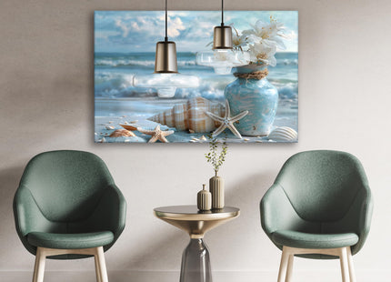 Blue Ocean Beach Bathroom Canvas Wall Art Starfish with White Flower Coastal Picture Wall Decor Seascape Poster Seaside Seashell Painting Print Artwork for Living Room Bedroom Restroom, Framed