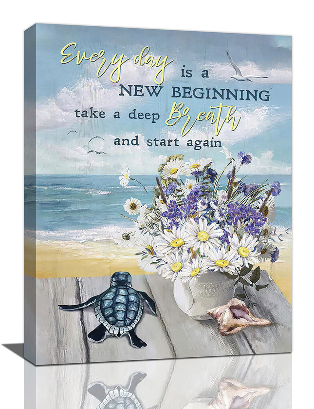 Sea Turtle Lavender Daisy Bathroom Decor Wall Art Sea Turtle Flower Shell Beach Ocean Coastal Theme Pictures Wall Decor Canvas Painting Prints Artwork Framed for Bathroom Bedroom 12"x16"