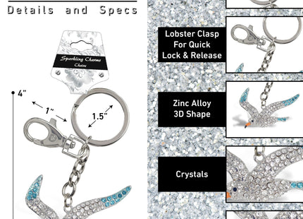 Aqua79 Seagull Keychain, Silver 3D Sparkling Rhinestones Metal Alloy Charm