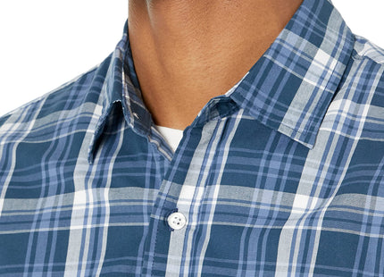 Amazon Essentials Men's Regular-Fit Short-Sleeve Plaid Casual Poplin Shirt, Navy Medium, Large