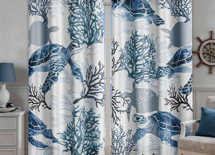 Coastal Sea Turtle Curtains, Grommet Window Panels, 52 x 63 Inch, 2 Panels