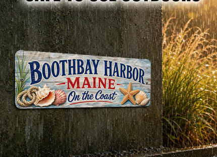 Boothbay Harbor Coastal Driftwood Metal Sign — Maine Souvenir Wall Decor