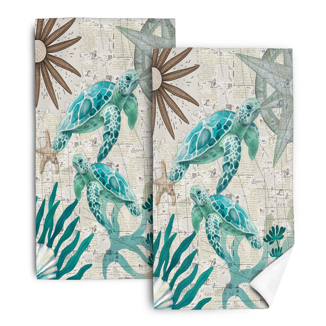 Oblivix Sea Turtle Kitchen Towels, Absorbent Beach Coastal Themed Dish Towel, Vintage Nautical Hand & Tea Towel Set of 2, Cute Teal Dish Cloths,Nautical Coastal Kitchen Decor & Gifts