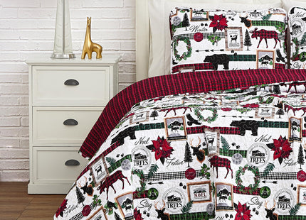 Southshore Fine Living, Inc. Twin Size Christmas Quilt with Matching Pillow Sham, Holiday Bedding Set, Twin/Twin XL Holiday Quilt Set, Reversible Red Plaid Quilt Over Rustic Cabin Print