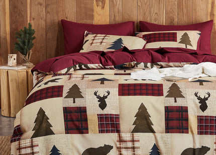 Wake In Cloud - Rustic Duvet Cover Set, Cabin Western Christmas Holiday Country Theme with Bear Deer Lodge Patchwork, Soft Lightweight Bedding, 3-Piece, Burgundy Brown, King Size
