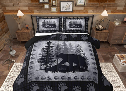 Castle Fairy Wild Bear Print Kids Comforter Set Twin Size,Animal Hunt Lodge Decor Retro Bedding Set for Boys Teens,Rustic Pine Trees Checkered Plaid Quilt Polyester Duvet Set with 1 Pillowcase, Grey