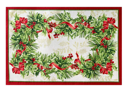 Newbridge Christmas Holly Ribbon Traditions Bordered Set of 4 Fabric Placemats, Boughs of Holly and Berry Ribbon Garland Dining Placemats for Holiday Party
