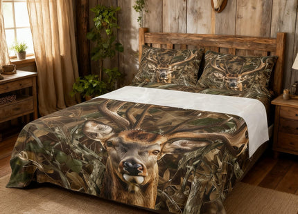 Camo Deer Kids Sheet Queen Size,Dead Branches Wild Animals Hunting Bedding Set,Boys Girls Adults Room Decor,Rustic Farmhouse Camouflage Brown Retro Bed Sheet Set 4pcs(Fitted + Flat + 2 Pillowcases)