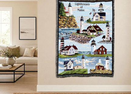 Lighthouses of Maine Blanket - Bass Harbor Cape Elizabeth Halfway Rock Sequin Neddick West Quoddy Portland Pemaquid - Coastal Ocean Gift Tapestry Throw Woven from Cotton - Made in the USA (72x54)