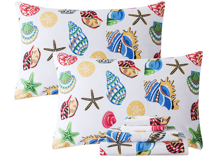 FADFAY Beach Themed Sheets Set Full Vivid Starfish Seashell Conch Nautical Bedding Coastal Ocean Bed Sheet Set 600TC 100% Cotton Super Soft Hypoallergenic Deep Pocket Fitted Sheet, 4Pcs-Full Size