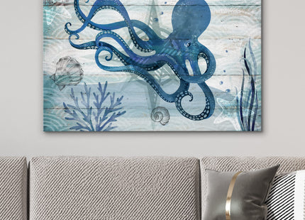 NWT Canvas Print Wall Art Octopus Under The Sea with Shells Amphibians Beach Illustrations Modern Art Nautical Scenic Relax/Calm Blue Ultra for Living Room, Bedroom, Office - 16"x24"
